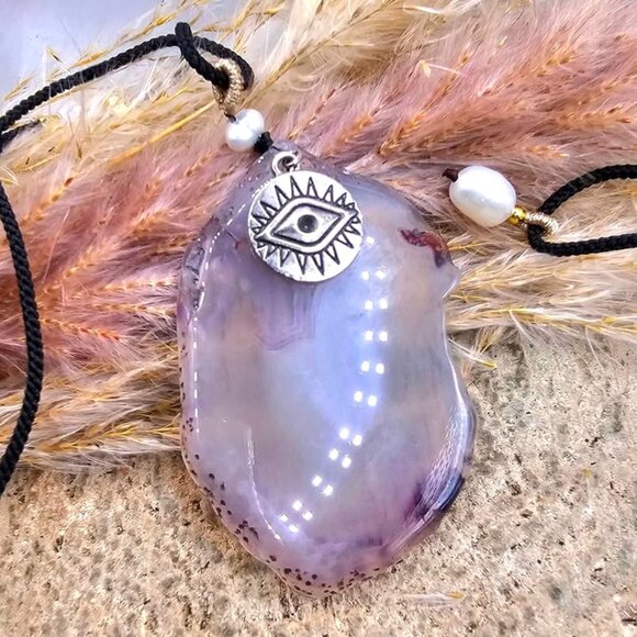 Nature Purple Agate Slice With Evil Eye Charm Pendant Necklace - Picture 7 of 11